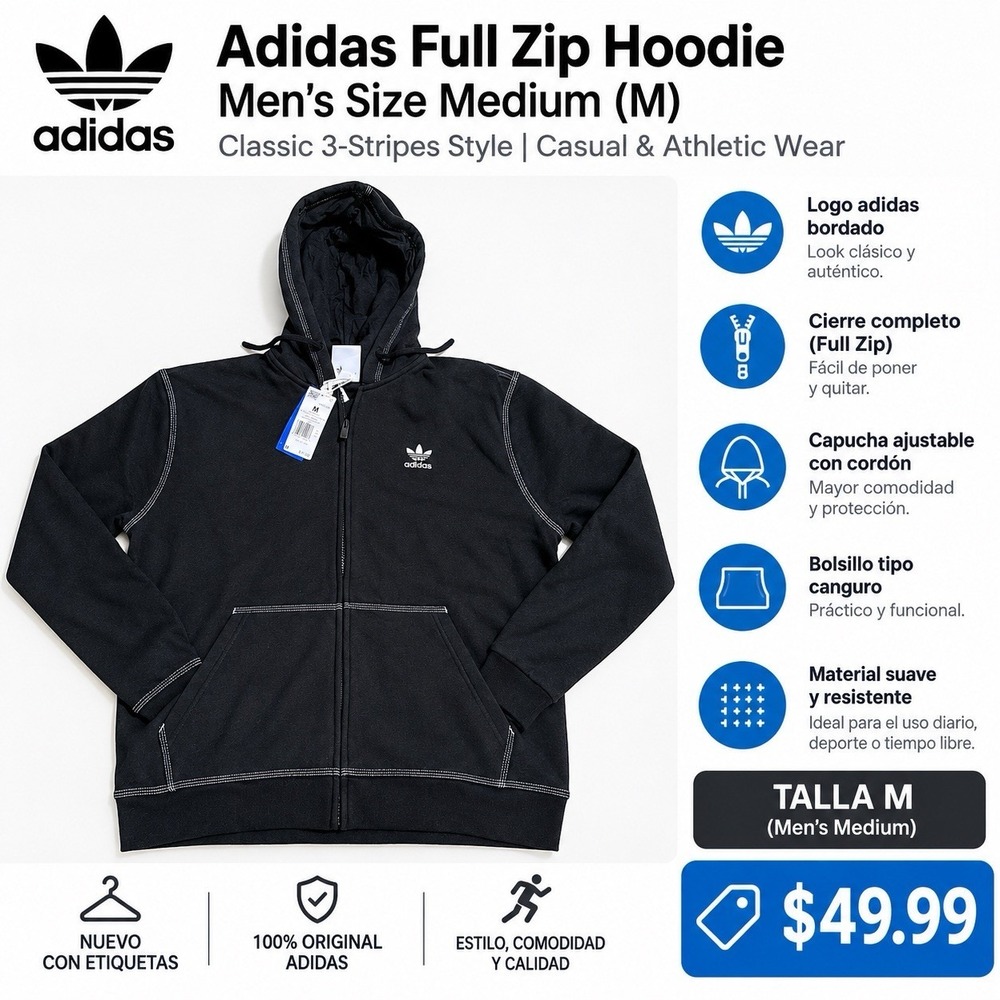 Adidas Originals Full Zip Hoodie Men's Medium Black Trefoil Hooded Sweatshirt